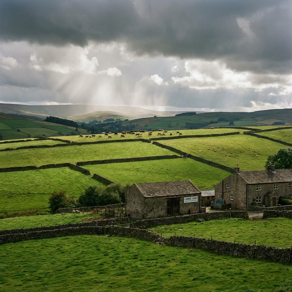 Green hillside fields with stone walls, a stone farmhouse and barn, and cattle grazing under a stormy sky